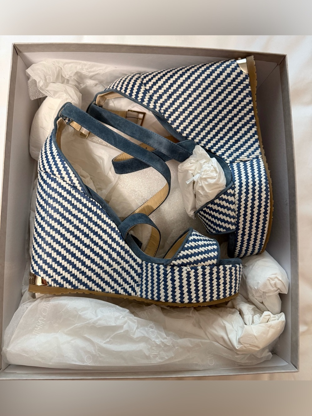 Jimmy Choo Navy and White Woven Platform Wedge Sandals